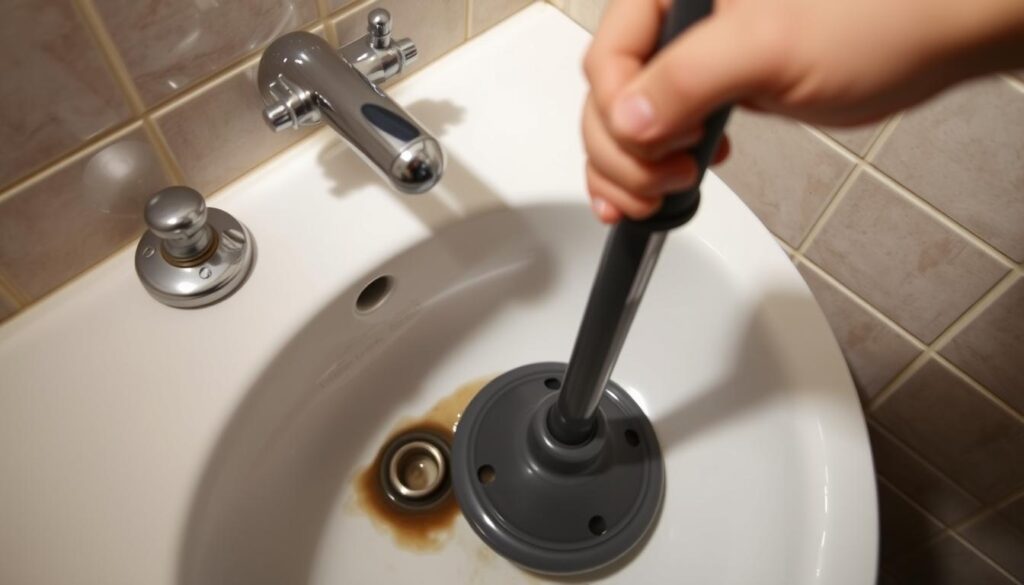 A bathroom sink obstructed by a stubborn clog, a plunger gripped firmly, its rubber cup poised to tackle the problem. The scene is set against a backdrop of muted tiles, casting a shadow of doubt on the plunger's effectiveness. The lighting is soft, reflecting the homeowner's growing frustration as they struggle to clear the drain. The angle captures the plunger's angle, suggesting the user's determination to overcome the myth that this simple tool can solve every drainage issue. The overall mood is one of uncertainty, hinting at the need for a more comprehensive solution.
