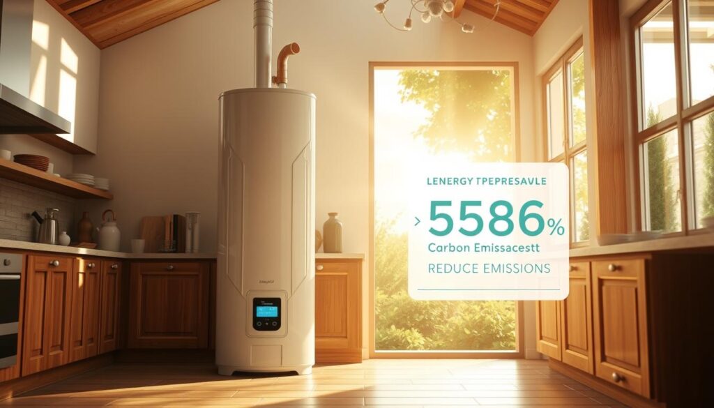 A bright and airy kitchen interior bathed in warm, natural light. In the foreground, a sleek, modern heat pump water heater proudly stands, its clean lines and gleaming finish contrasting with the rustic wooden cabinets and tile backsplash. Sunlight streams in through large windows, casting a soft glow and highlighting the energy efficiency of the appliance. In the middle ground, a digital display shows the savings in energy costs and reduced carbon emissions, emphasizing the practical and environmental benefits of the upgrade. The background features a panoramic view of a lush, verdant garden, creating a serene and sustainable atmosphere.