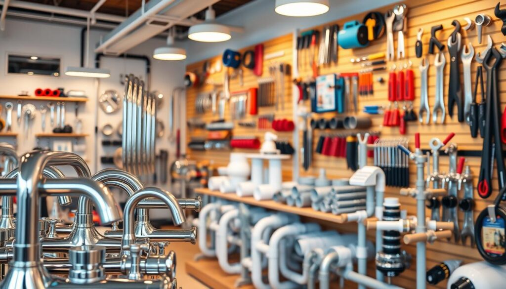 A bright, well-lit showroom showcasing a range of high-quality plumbing fixtures and tools. In the foreground, a display of sleek, modern faucets and showerheads in gleaming chrome. The middle ground features sturdy, durable pipes and fittings, arranged neatly on shelves. In the background, a wall-mounted display showcases an assortment of professional-grade plumbing tools, including wrenches, pliers, and specialized equipment. The lighting is warm and inviting, casting a gentle glow over the scene. The overall atmosphere conveys a sense of reliability, craftsmanship, and attention to detail, reflecting the values of a reputable emergency plumbing service. A bright, well-lit showroom showcasing a range of high-quality plumbing fixtures and tools. In the foreground, a display of sleek, modern faucets and showerheads in gleaming chrome. The middle ground features sturdy, durable pipes and fittings, arranged neatly on shelves. In the background, a wall-mounted display showcases an assortment of professional-grade plumbing tools, including wrenches, pliers, and specialized equipment. The lighting is warm and inviting, casting a gentle glow over the scene. The overall atmosphere conveys a sense of reliability, craftsmanship, and attention to detail, reflecting the values of a reputable emergency plumbing service.