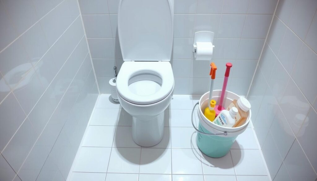 A brightly lit bathroom interior, with a modern white toilet in the foreground. A plunger and a bucket of cleaning supplies are placed nearby, hinting at the task at hand. The lighting is soft and even, illuminating the scene from multiple angles to create a sense of clarity and purpose. The tiles on the floor and walls are clean and pristine, suggesting a well-maintained space. The overall mood is one of focused problem-solving, with a touch of domestic routine. The angle is slightly elevated, giving a birds-eye view of the scene and emphasizing the steps involved in safely unclogging a toilet.