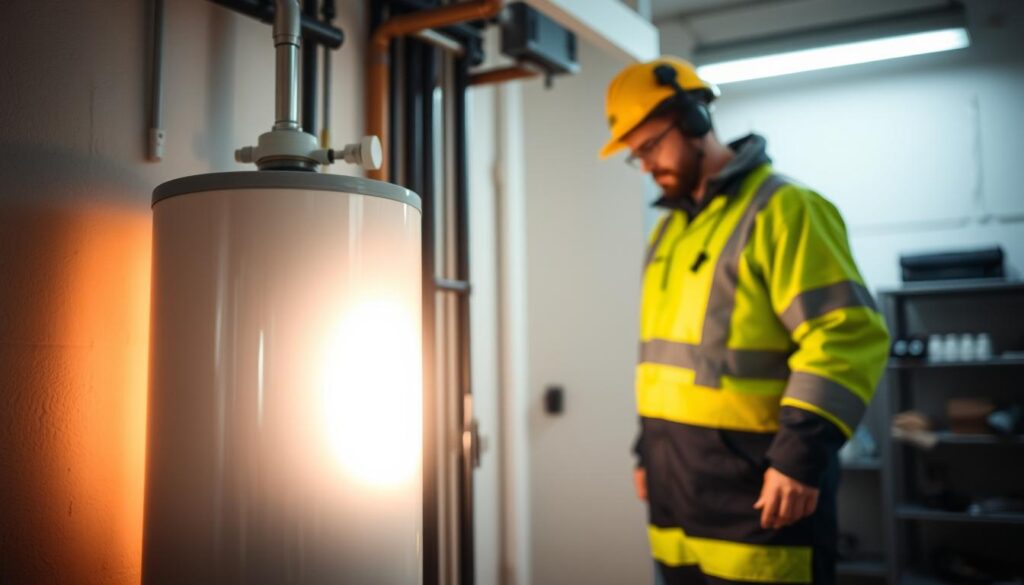 A brightly lit electric hot water heater stands in the foreground, casting a soft glow. In the middle ground, a person in safety gear carefully examines the unit, highlighting the importance of proper maintenance and caution. The background features a clean, organized utility room, conveying a sense of diligence and responsibility. The scene emphasizes the need for safety and thoughtful troubleshooting when dealing with electric hot water systems, without any unnecessary risks or haste.