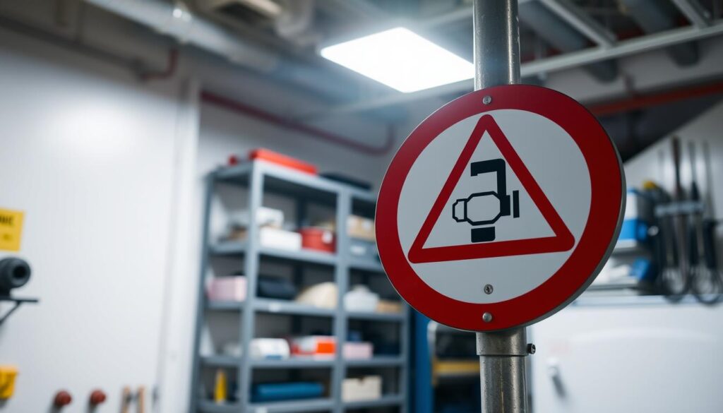 A brightly lit, high-contrast safety sign in the foreground, mounted on a sturdy metal pole. The sign has a distinctive red border and triangular shape, with a clear universal icon depicting a shut-off valve. The sign is placed against a slightly blurred background of a clean, well-organized utility room, with shelves of plumbing supplies and tools visible. The lighting is directional, casting dramatic shadows that emphasize the sign's bold graphic design. The overall mood is one of practicality and functional simplicity, conveying the importance of clearly marked emergency shut-off valves. A brightly lit, high-contrast safety sign in the foreground, mounted on a sturdy metal pole. The sign has a distinctive red border and triangular shape, with a clear universal icon depicting a shut-off valve. The sign is placed against a slightly blurred background of a clean, well-organized utility room, with shelves of plumbing supplies and tools visible. The lighting is directional, casting dramatic shadows that emphasize the sign's bold graphic design. The overall mood is one of practicality and functional simplicity, conveying the importance of clearly marked emergency shut-off valves.