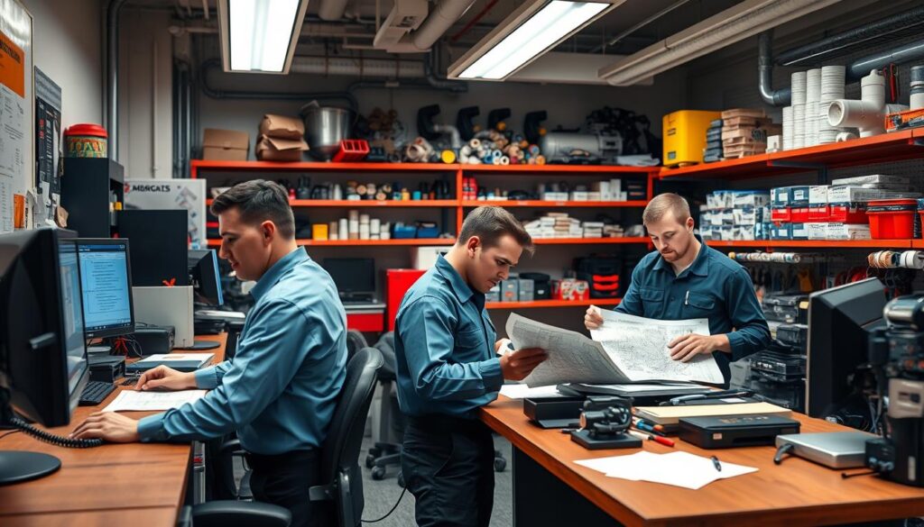 A bustling emergency plumbing service center, with technicians in crisp uniforms efficiently coordinating dispatch and triage. The foreground showcases the front desk, with a friendly operator taking calls and logging urgent requests. In the middle ground, skilled plumbers review schematics and maps, planning their routes to provide rapid response. The background reveals a well-stocked parts storage area, shelves neatly organized with an array of fittings, tools, and supplies. Bright LED lighting illuminates the scene, creating a sense of professionalism and preparedness. The overall atmosphere conveys a reliable, trustworthy service ready to handle any plumbing emergency, no matter the weather conditions. A bustling emergency plumbing service center, with technicians in crisp uniforms efficiently coordinating dispatch and triage. The foreground showcases the front desk, with a friendly operator taking calls and logging urgent requests. In the middle ground, skilled plumbers review schematics and maps, planning their routes to provide rapid response. The background reveals a well-stocked parts storage area, shelves neatly organized with an array of fittings, tools, and supplies. Bright LED lighting illuminates the scene, creating a sense of professionalism and preparedness. The overall atmosphere conveys a reliable, trustworthy service ready to handle any plumbing emergency, no matter the weather conditions.