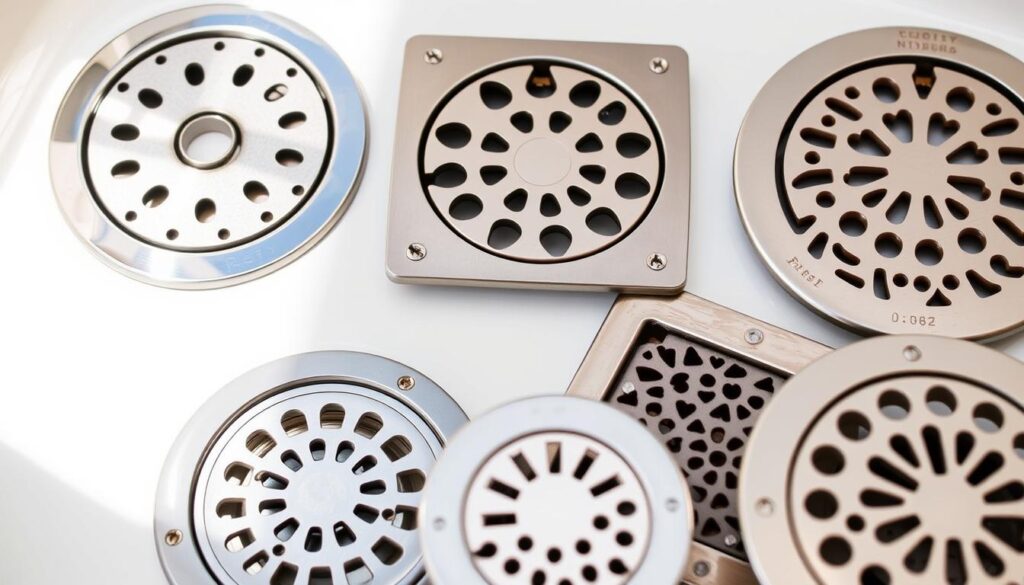 A close-up shot of a variety of metal drain covers, including circular, square, and decorative styles, set against a bright, clean bathroom background. The covers are made of sturdy, rust-resistant materials like stainless steel or brushed nickel, with intricate patterns and perforations to allow water flow. The lighting is natural and diffused, creating subtle shadows and highlights that accentuate the textures and finishes of the covers. The image conveys a sense of functionality, safety, and attention to detail, suitable for illustrating a section on preventing toy and debris blockages in household drains. A close-up shot of a variety of metal drain covers, including circular, square, and decorative styles, set against a bright, clean bathroom background. The covers are made of sturdy, rust-resistant materials like stainless steel or brushed nickel, with intricate patterns and perforations to allow water flow. The lighting is natural and diffused, creating subtle shadows and highlights that accentuate the textures and finishes of the covers. The image conveys a sense of functionality, safety, and attention to detail, suitable for illustrating a section on preventing toy and debris blockages in household drains.