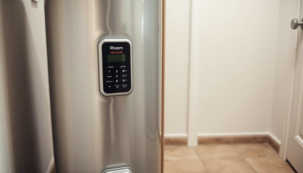A close-up view of a modern, silver-colored Rheem gas water heater unit, featuring its control panel and digital display. The unit is situated in a clean, well-lit utility room, with a neutral-toned tile floor and walls. The lighting is bright, with a slightly warm color temperature, casting subtle shadows that accentuate the unit's sleek, cylindrical design. The camera angle is slightly angled, providing a clear view of the control panel and the manufacturer's branding. The overall mood is one of technical precision and efficiency, reflecting the importance of properly understanding and troubleshooting Rheem hot water heater error codes.