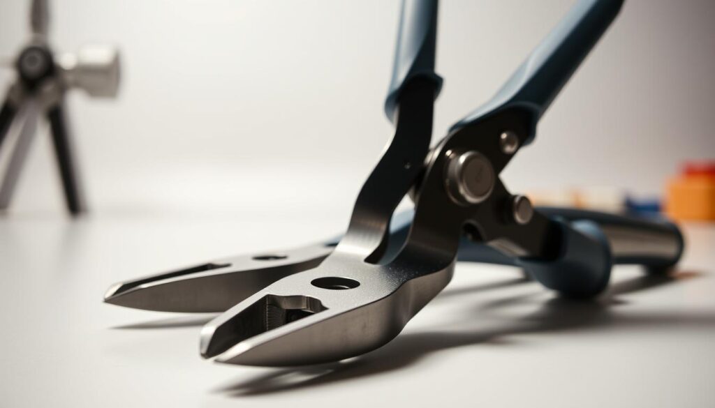 A close-up view of a set of professional tubing cutters on a clean, well-lit workbench. The foreground features the tubing cutters themselves, their sharp stainless steel blades gleaming under the bright illumination. The middle ground showcases the tool's ergonomic handles and intricate mechanisms for precise cutting. In the background, a soft, out-of-focus studio backdrop provides a minimalist, uncluttered setting, allowing the tools to be the central focus. The overall mood is one of competence, attention to detail, and the precision required for expertly cutting and trimming pipes to ensure a clean, leak-free plumbing installation. A close-up view of a set of professional tubing cutters on a clean, well-lit workbench. The foreground features the tubing cutters themselves, their sharp stainless steel blades gleaming under the bright illumination. The middle ground showcases the tool's ergonomic handles and intricate mechanisms for precise cutting. In the background, a soft, out-of-focus studio backdrop provides a minimalist, uncluttered setting, allowing the tools to be the central focus. The overall mood is one of competence, attention to detail, and the precision required for expertly cutting and trimming pipes to ensure a clean, leak-free plumbing installation.