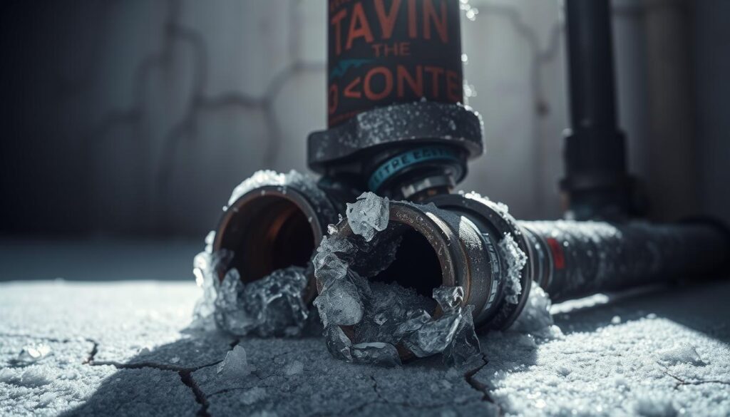 A close-up view of exposed pipes against a cracked and icy surface, with frost and ice crystals covering the metal. The pipes are partially submerged in a thin layer of clear ice, indicating an early stage of freezing. The background is muted and hazy, with a sense of cold dread and impending danger. Bright, directional lighting from the side casts dramatic shadows, emphasizing the textural details of the frozen pipes. The overall mood is one of ominous foreboding, highlighting the need for vigilance in detecting the first signs of frozen plumbing. A close-up view of exposed pipes against a cracked and icy surface, with frost and ice crystals covering the metal. The pipes are partially submerged in a thin layer of clear ice, indicating an early stage of freezing. The background is muted and hazy, with a sense of cold dread and impending danger. Bright, directional lighting from the side casts dramatic shadows, emphasizing the textural details of the frozen pipes. The overall mood is one of ominous foreboding, highlighting the need for vigilance in detecting the first signs of frozen plumbing.