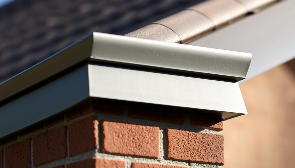 A close-up view of parapet flashing installed at the top of a brick wall. The flashing is made of metal, with a distinct raised edge and a slanted profile to divert water away from the wall. The surface of the flashing has a matte, weathered appearance, reflecting its function of protecting the wall from wind-driven rain. The flashing is positioned flush with the top of the parapet, seamlessly integrated into the architectural design. The scene is illuminated by natural, diffused lighting, casting subtle shadows that accentuate the flashing's form and texture. The overall mood conveys the importance of this critical building component in safeguarding the structure from the elements.