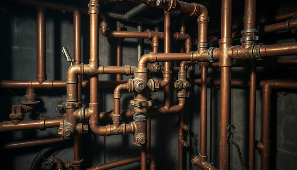 A complex, intricate plumbing system with an array of copper pipes, valves, and fittings crisscrossing through a dimly lit, gritty industrial setting. The pipes wind and curve through the frame, with a focus on the central section featuring various junctions, elbows, and T-joints. Shadows and highlights accentuate the textures and contours of the metal surfaces, conveying a sense of age and wear. The background is hazy, with a muted color palette and hints of concrete walls or a basement environment, emphasizing the hidden, behind-the-scenes nature of this vital infrastructure. The overall mood is one of functional utility, with a touch of visual complexity and the suggestion of potential issues lurking within the pipes.