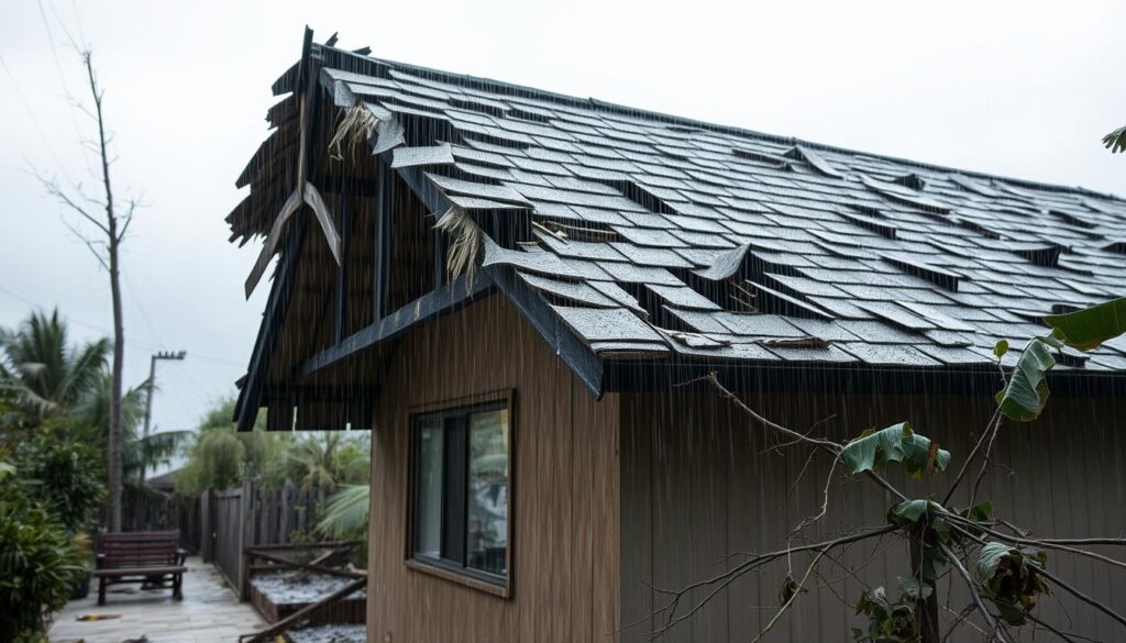 A damaged roof with missing or torn shingles, exposing the underlying structure. Intense rainfall pours down, creating puddles on the ground. Debris, branches, and leaves litter the scene, testament to the storm's fury. The sky is overcast, casting a somber, gloomy atmosphere. The lighting is moody, with dramatic shadows and highlights accentuating the storm's impact. The camera angle is slightly elevated, capturing the full scope of the damage. An air of urgency and the need for immediate repair permeates the scene.
