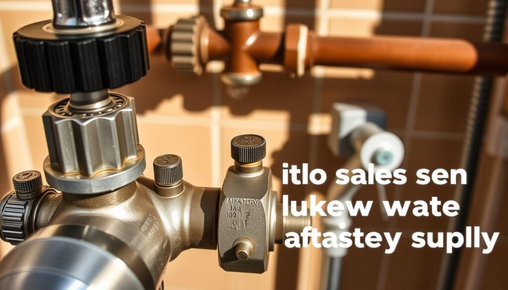 A detailed, high-angle view of a hot water safety shutoff system. The foreground shows the valve assembly with various control knobs and levers, all in a brushed metal finish. The middle ground reveals the pipes and fittings leading into and out of the shutoff, captured in warm, muted tones. The background depicts a tiled bathroom wall, with natural light casting soft shadows across the scene. The overall mood is one of technical precision and functional reliability, complementing the article's focus on identifying issues with lukewarm water supply. A detailed, high-angle view of a hot water safety shutoff system. The foreground shows the valve assembly with various control knobs and levers, all in a brushed metal finish. The middle ground reveals the pipes and fittings leading into and out of the shutoff, captured in warm, muted tones. The background depicts a tiled bathroom wall, with natural light casting soft shadows across the scene. The overall mood is one of technical precision and functional reliability, complementing the article's focus on identifying issues with lukewarm water supply.