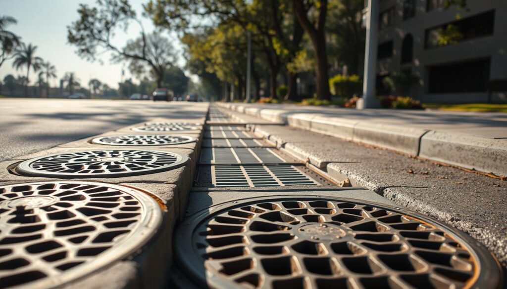 A detailed street scene showcasing a well-maintained stormwater drainage system. In the foreground, several large metal grates cover the openings to underground pipes, their intricate patterns casting dramatic shadows on the pavement. In the middle ground, a series of drainage channels run parallel to the curb, their concrete surfaces glistening under the warm, directional lighting. In the background, the tall silhouettes of trees line the street, their branches swaying gently in a light breeze. The overall atmosphere conveys a sense of functional urban infrastructure, well-designed to efficiently manage stormwater runoff.