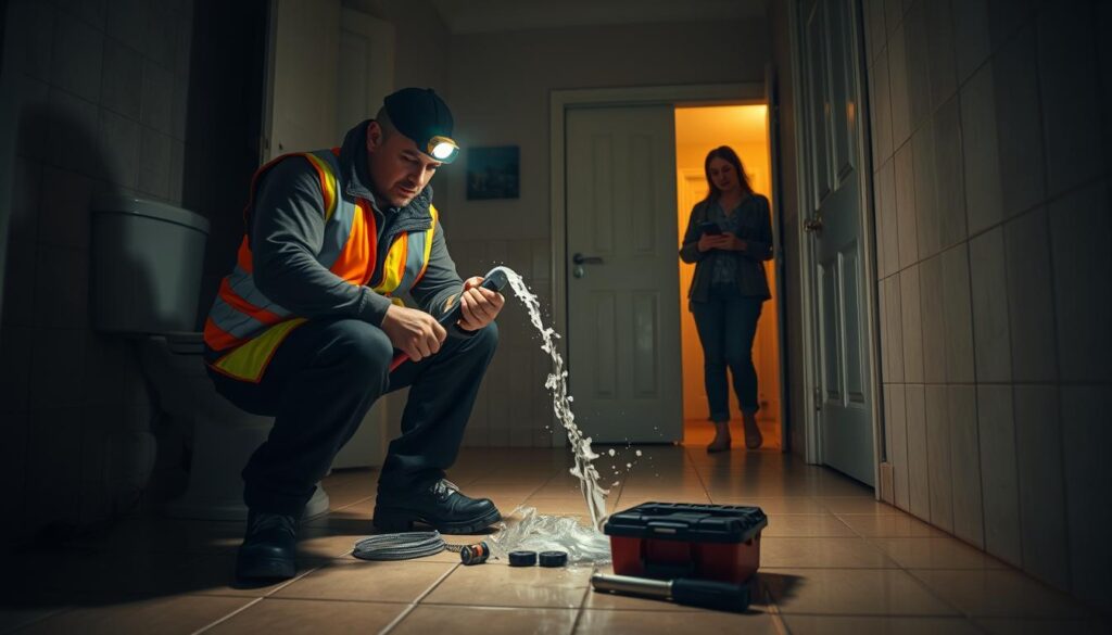A dimly lit residential bathroom at night, illuminated by the warm glow of an emergency plumber's headlamp. In the foreground, a plumber in a reflective vest and safety gear crouches over a burst pipe, expertly wielding a wrench to stop the gushing water. In the middle ground, a toolbox and spare parts lay scattered on the tiled floor. The background shows a worried homeowner watching intently, phone in hand, as the plumber works swiftly to resolve the crisis. Dramatic shadows and highlights create a sense of urgency, conveying the critical importance of a fast, professional emergency plumbing response. A dimly lit residential bathroom at night, illuminated by the warm glow of an emergency plumber's headlamp. In the foreground, a plumber in a reflective vest and safety gear crouches over a burst pipe, expertly wielding a wrench to stop the gushing water. In the middle ground, a toolbox and spare parts lay scattered on the tiled floor. The background shows a worried homeowner watching intently, phone in hand, as the plumber works swiftly to resolve the crisis. Dramatic shadows and highlights create a sense of urgency, conveying the critical importance of a fast, professional emergency plumbing response.