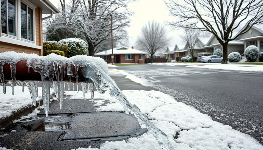A frozen residential street in Melbourne, Australia. In the foreground, burst pipes spew icy water, forming jagged icicles and frozen puddles on the cracked pavement. Thick frost covers the exposed pipes, windows, and trees, creating a stark, wintry atmosphere. The middle ground features a partially snow-covered lawn and a small, single-story house, its roof blanketed in snow. In the background, a row of similar houses stretch into the distance, their facades partially obscured by a hazy, overcast sky. The scene conveys the harsh realities of a rare cold snap in this typically temperate city, underscoring the urgency to address frozen pipes. A frozen residential street in Melbourne, Australia. In the foreground, burst pipes spew icy water, forming jagged icicles and frozen puddles on the cracked pavement. Thick frost covers the exposed pipes, windows, and trees, creating a stark, wintry atmosphere. The middle ground features a partially snow-covered lawn and a small, single-story house, its roof blanketed in snow. In the background, a row of similar houses stretch into the distance, their facades partially obscured by a hazy, overcast sky. The scene conveys the harsh realities of a rare cold snap in this typically temperate city, underscoring the urgency to address frozen pipes.