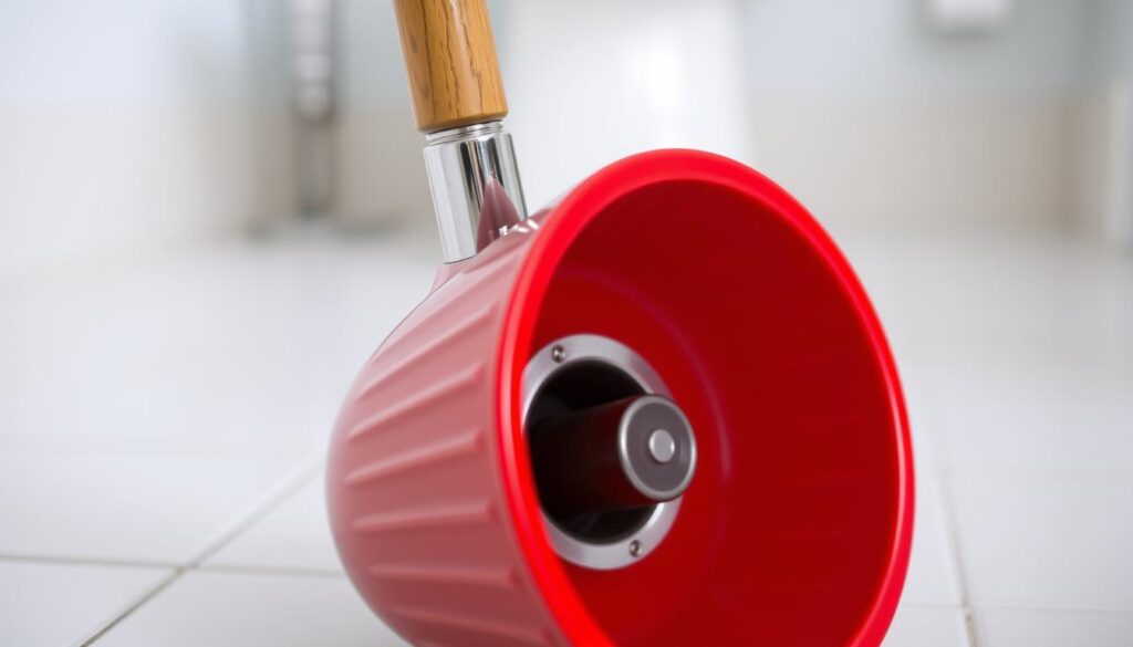 A high-quality, chrome-plated plunger standing upright on a white bathroom tile floor, its wooden handle gleaming in the soft, diffused lighting. The plunger's red rubber bell-shaped head is in focus, its texture and ridges clearly visible, conveying a sense of functionality and practicality. The background is slightly blurred, creating a sense of depth and emphasizing the plunger as the central subject. The overall scene evokes a clean, organized, and professional atmosphere, suitable for illustrating the "Choosing and using the right plunger for the job" section of the article.