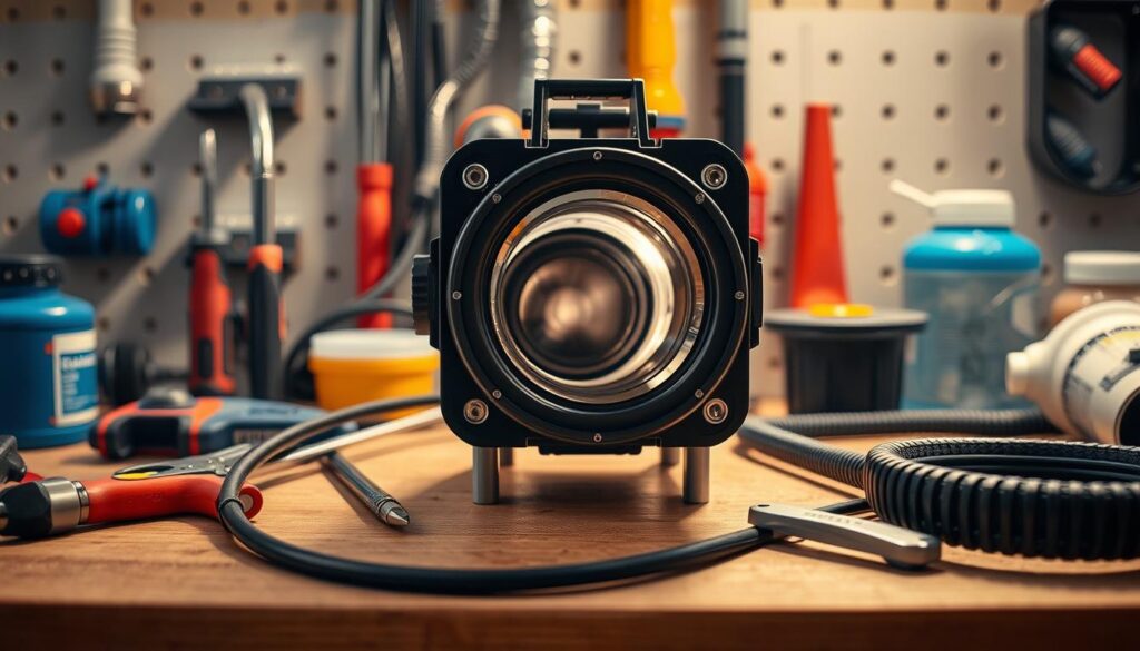A high-quality drain camera sitting on a clean, well-lit workbench, with various plumbing tools and supplies arranged around it. The camera's lens is focused and clear, capturing intricate details of the pipe interior. The scene exudes a sense of professionalism and functionality, reflecting the expertise of an experienced emergency plumber. The lighting is warm and directional, casting subtle shadows that accentuate the textures and shapes of the equipment. The overall atmosphere conveys a problem-solving mindset, ready to tackle any drainage issue efficiently and effectively. A high-quality drain camera sitting on a clean, well-lit workbench, with various plumbing tools and supplies arranged around it. The camera's lens is focused and clear, capturing intricate details of the pipe interior. The scene exudes a sense of professionalism and functionality, reflecting the expertise of an experienced emergency plumber. The lighting is warm and directional, casting subtle shadows that accentuate the textures and shapes of the equipment. The overall atmosphere conveys a problem-solving mindset, ready to tackle any drainage issue efficiently and effectively.