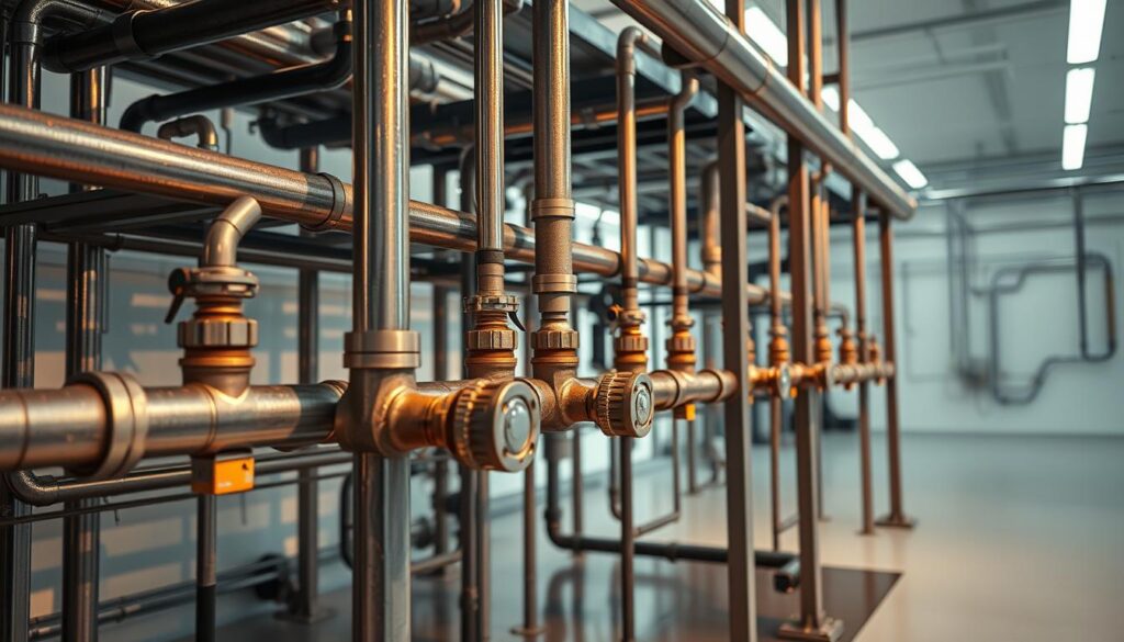 A high-quality, well-engineered water system. A sturdy, corrosion-resistant metal framework supports a series of interconnected pipes, valves, and fittings. The system is illuminated by warm, diffused lighting, casting subtle shadows that highlight the intricate components. In the background, a clean, pristine environment with a minimalist, industrial aesthetic suggests a professional, commercial setting. The overall composition conveys a sense of reliability, attention to detail, and a commitment to craftsmanship.