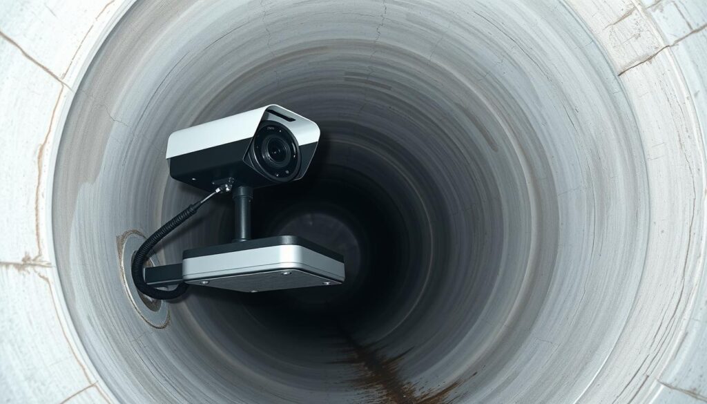 A high-resolution, detailed image of a CCTV camera inspecting the interior of a sewer pipe. The camera is mounted on a robotic trolley, slowly moving along the pipe's curved walls. The lighting is bright and evenly distributed, revealing the pipe's smooth concrete surface, with occasional cracks and deposits. The camera's lens is focused, capturing intricate textures and imperfections. The scene conveys a sense of technical precision and professional inspection, providing valuable insights into the condition of the underground infrastructure.