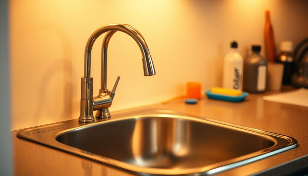 A kitchen sink nestled against the wall, its stainless steel basin gleaming under warm, soft lighting. The faucet's elegant curves cast gentle shadows, hinting at its functionality. Surrounding the sink, the counter is neatly organized, with a few small items like a sponge and a bottle of dish soap, suggesting a well-used but tidy workspace. The background is slightly blurred, allowing the sink to take center stage, showcasing its role as the heart of the kitchen. The overall scene conveys a sense of order and purposeful design, inviting the viewer to imagine this as a space where children's curiosity and mischief could easily lead to unexpected plumbing challenges. A kitchen sink nestled against the wall, its stainless steel basin gleaming under warm, soft lighting. The faucet's elegant curves cast gentle shadows, hinting at its functionality. Surrounding the sink, the counter is neatly organized, with a few small items like a sponge and a bottle of dish soap, suggesting a well-used but tidy workspace. The background is slightly blurred, allowing the sink to take center stage, showcasing its role as the heart of the kitchen. The overall scene conveys a sense of order and purposeful design, inviting the viewer to imagine this as a space where children's curiosity and mischief could easily lead to unexpected plumbing challenges.