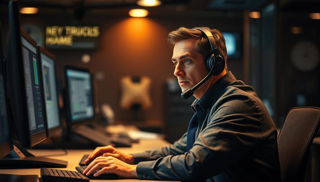 A professional operator in a dimly lit emergency call center, seated at a sleek, modern desk, intently listening to a caller on a high-quality telephone headset. Warm yet focused lighting illuminates the operator's face, conveying a sense of urgency and diligence. The background is softly blurred, emphasizing the importance of the call. The operator's expression is one of calm, experienced professionalism, ready to triage the situation and dispatch the appropriate emergency response. The scene captures the crucial role of the triage process in managing peak demand during critical weather events. A professional operator in a dimly lit emergency call center, seated at a sleek, modern desk, intently listening to a caller on a high-quality telephone headset. Warm yet focused lighting illuminates the operator's face, conveying a sense of urgency and diligence. The background is softly blurred, emphasizing the importance of the call. The operator's expression is one of calm, experienced professionalism, ready to triage the situation and dispatch the appropriate emergency response. The scene captures the crucial role of the triage process in managing peak demand during critical weather events.