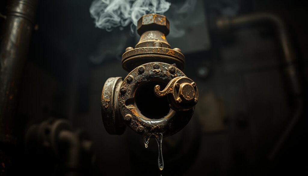 A rusting pressure relief valve, its casing cracked and leaking steam under high pressure, set against a dimly lit, industrial background. The valve's worn exterior and dripping condensation evoke a sense of neglect and potential danger. Harsh shadows cast by harsh overhead lighting accentuate the valve's weathered details, while a hazy atmosphere suggests the humid, confined space of a mechanical room or boiler plant. The scene conveys the need for vigilant maintenance and the importance of addressing relief valve issues promptly to ensure safety. A rusting pressure relief valve, its casing cracked and leaking steam under high pressure, set against a dimly lit, industrial background. The valve's worn exterior and dripping condensation evoke a sense of neglect and potential danger. Harsh shadows cast by harsh overhead lighting accentuate the valve's weathered details, while a hazy atmosphere suggests the humid, confined space of a mechanical room or boiler plant. The scene conveys the need for vigilant maintenance and the importance of addressing relief valve issues promptly to ensure safety.
