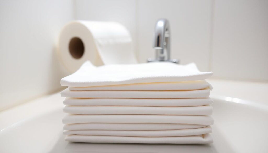 A stack of white, soft toilet wipes in the foreground, their individual sheets neatly folded and stacked with precision. Behind them, a toilet paper roll in a classic white and blue design sits atop a shiny, porcelain bathroom sink, the faucet gleaming under bright, diffused lighting. In the background, the walls are a soothing, neutral shade, creating a sense of cleanliness and order. The composition is balanced and symmetrical, emphasizing the importance of the wipes and their proper usage. The overall mood is one of simplicity, practicality, and attention to detail. A stack of white, soft toilet wipes in the foreground, their individual sheets neatly folded and stacked with precision. Behind them, a toilet paper roll in a classic white and blue design sits atop a shiny, porcelain bathroom sink, the faucet gleaming under bright, diffused lighting. In the background, the walls are a soothing, neutral shade, creating a sense of cleanliness and order. The composition is balanced and symmetrical, emphasizing the importance of the wipes and their proper usage. The overall mood is one of simplicity, practicality, and attention to detail.