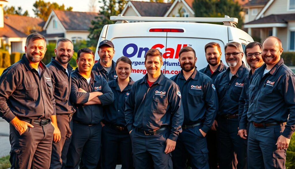 A team of professional plumbers in uniform uniforms, gathered around a van with the "OnCall Emergency Plumbers" logo, their tools and equipment neatly organized. In the background, a residential neighborhood with well-kept homes and lush greenery. The scene is illuminated by warm, natural lighting, conveying a sense of reliability, expertise, and a commitment to quality workmanship. The plumbers' expressions exude confidence and a customer-centric focus, ready to provide prompt and effective emergency plumbing services with transparent, fair pricing and a clear warranty. A team of professional plumbers in uniform uniforms, gathered around a van with the "OnCall Emergency Plumbers" logo, their tools and equipment neatly organized. In the background, a residential neighborhood with well-kept homes and lush greenery. The scene is illuminated by warm, natural lighting, conveying a sense of reliability, expertise, and a commitment to quality workmanship. The plumbers' expressions exude confidence and a customer-centric focus, ready to provide prompt and effective emergency plumbing services with transparent, fair pricing and a clear warranty.