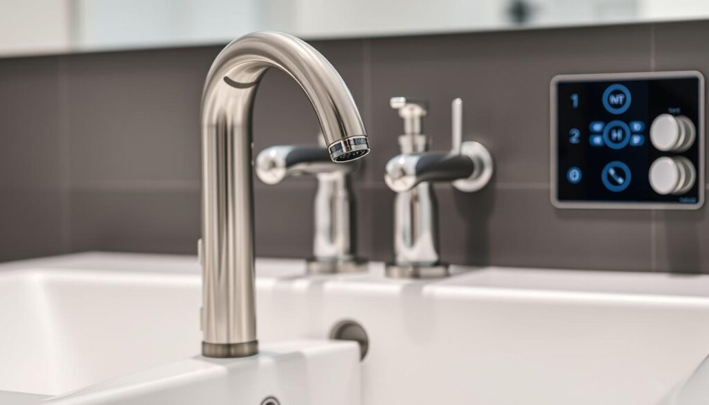 A well-lit, close-up photograph of modern, ease-of-use plumbing fixtures for elderly residents. In the foreground, a sleek, touchless faucet with a curved spout and a user-friendly handle. In the middle ground, a set of accessible, lever-style taps in a polished chrome finish. In the background, a smart control panel with simple, tactile buttons and large, high-contrast display. The image conveys a sense of convenience, safety, and thoughtful design tailored for the needs of the elderly. A well-lit, close-up photograph of modern, ease-of-use plumbing fixtures for elderly residents. In the foreground, a sleek, touchless faucet with a curved spout and a user-friendly handle. In the middle ground, a set of accessible, lever-style taps in a polished chrome finish. In the background, a smart control panel with simple, tactile buttons and large, high-contrast display. The image conveys a sense of convenience, safety, and thoughtful design tailored for the needs of the elderly.