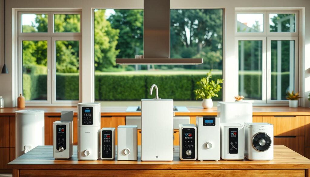 A well-lit, contemporary kitchen interior with a prominent central focus on a variety of modern hot water system models displayed on a wooden kitchen island. The systems showcase various technologies, sizes, and energy efficiency ratings. In the background, large windows offer a view of a lush, suburban garden, creating a warm, inviting atmosphere. The lighting is soft and natural, highlighting the clean lines and premium finishes of the hot water appliances. The overall composition conveys a sense of informed decision-making, encouraging the viewer to carefully consider their hot water system options for their home or business.