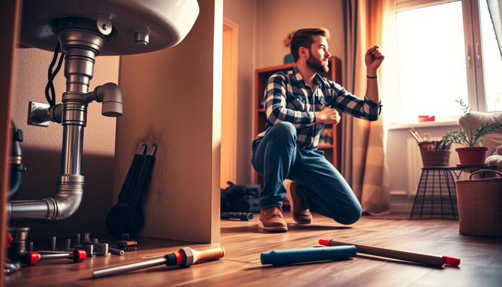A well-lit, interior scene showcasing two distinct job scenarios. In the foreground, a plumber kneeling by an exposed sink pipe, examining a problem. Detailed tools and equipment nearby. In the middle ground, a handyman inspecting a wall-mounted light fixture, contemplating the repair. Warm, inviting lighting casts a comfortable ambiance. The background hints at a cozy, residential setting with tasteful decor. The overall composition conveys a sense of professionalism and the expertise required for each specialized task. A well-lit, interior scene showcasing two distinct job scenarios. In the foreground, a plumber kneeling by an exposed sink pipe, examining a problem. Detailed tools and equipment nearby. In the middle ground, a handyman inspecting a wall-mounted light fixture, contemplating the repair. Warm, inviting lighting casts a comfortable ambiance. The background hints at a cozy, residential setting with tasteful decor. The overall composition conveys a sense of professionalism and the expertise required for each specialized task.