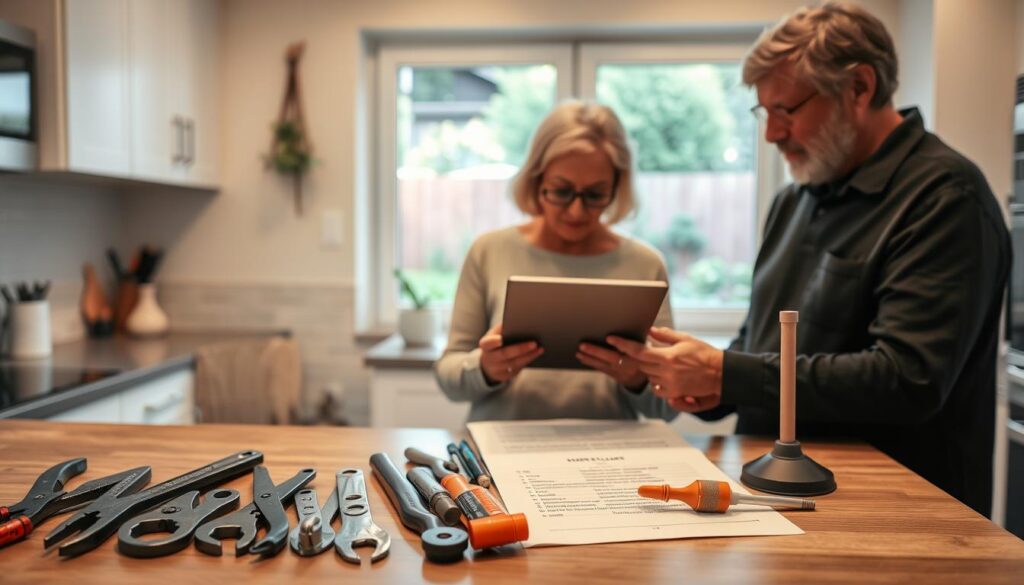 A well-lit, modern kitchen interior with an elderly person and their caregiver reviewing a detailed maintenance checklist. In the foreground, a clear, organized set of tools and supplies - pliers, wrenches, caulk, and a plunger - neatly arranged on the countertop. The middle ground shows the two figures intently studying a tablet, discussing upcoming home maintenance tasks. In the background, a window overlooking a tidy backyard garden, suggesting a sense of security and tranquility. The lighting is warm and inviting, conveying a atmosphere of thoughtful preparation and proactive care. A well-lit, modern kitchen interior with an elderly person and their caregiver reviewing a detailed maintenance checklist. In the foreground, a clear, organized set of tools and supplies - pliers, wrenches, caulk, and a plunger - neatly arranged on the countertop. The middle ground shows the two figures intently studying a tablet, discussing upcoming home maintenance tasks. In the background, a window overlooking a tidy backyard garden, suggesting a sense of security and tranquility. The lighting is warm and inviting, conveying a atmosphere of thoughtful preparation and proactive care.