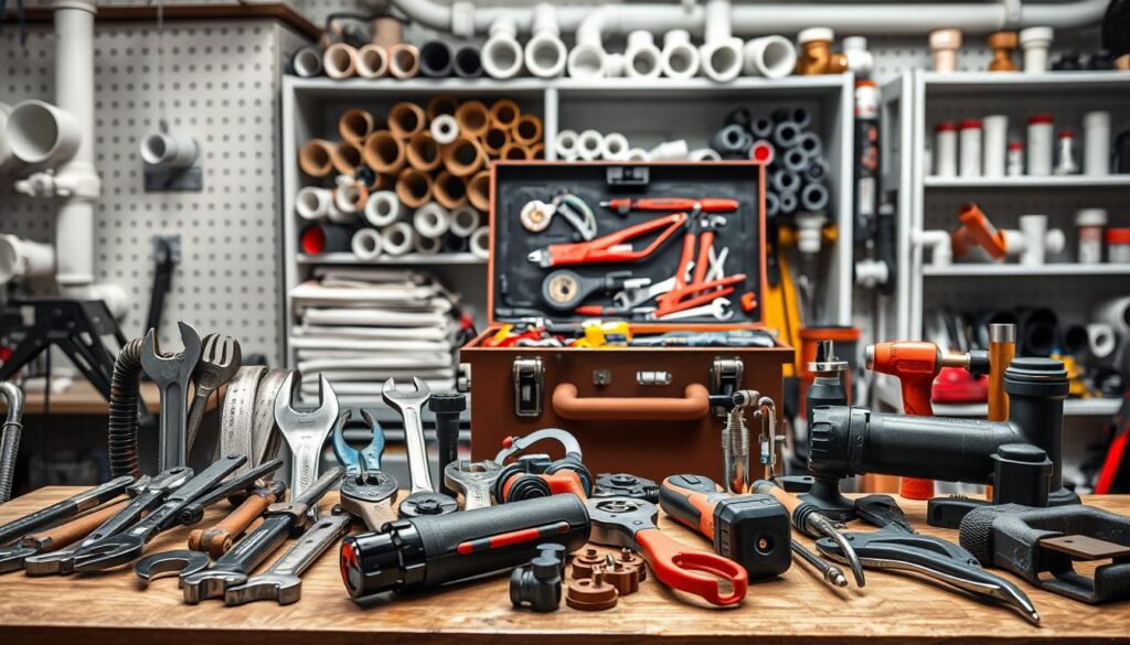 A well-lit workshop scene showcasing an assortment of plumbing tools. In the foreground, a sturdy workbench displays a collection of wrenches, pliers, pipe cutters, and a rotary tool. The middle ground features a toolbox with an open drawer, revealing additional specialized tools like a basin wrench, a pipe inspection camera, and a tubing bender. The background shows shelves stocked with PVC pipes, valves, and fittings, creating a sense of a professional, organized workspace. The lighting casts subtle shadows, emphasizing the textures and details of the tools, conveying a mood of precision and competence. The overall composition invites the viewer to examine the tools closely and appreciate their purpose and importance in plumbing maintenance and repair.