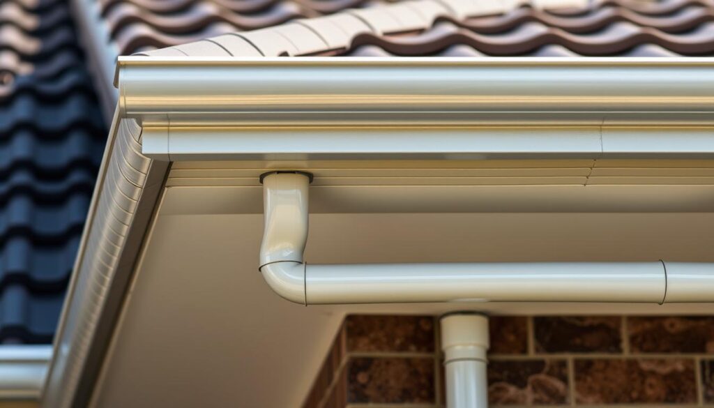 A well-maintained gutter and downpipe system, meticulously crafted with aluminum or PVC, seamlessly blending into the roofline. Intricate patterns of water flow and drainage, captured in a crisp, high-resolution image. The gutters, adorned with subtle ridges, effortlessly channeling rainwater away from the roof and foundation, ensuring the structural integrity of the building. Sleek, strategically placed downpipes, their smooth surfaces reflecting the sunlight, elegantly guiding the water to the ground. The entire system, a harmonious symphony of form and function, showcasing the importance of proper roof plumbing in maintaining the health and longevity of a Melbourne home.