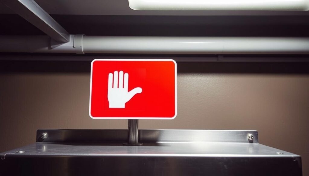 An emergency sign in a well-lit, industrial environment. A bold, rectangular sign with a vivid red border and a clear, bold white symbol - a hand inside a square - stands out against a muted, neutral-toned background. The sign is mounted on a sturdy, metallic surface, casting subtle shadows that add depth and dimensionality. The lighting is bright and even, highlighting the sign's critical importance and drawing the viewer's attention. The overall atmosphere conveys a sense of order, safety, and preparedness, suitable for the section on "Emergency shutoff labelling" in the article. An emergency sign in a well-lit, industrial environment. A bold, rectangular sign with a vivid red border and a clear, bold white symbol - a hand inside a square - stands out against a muted, neutral-toned background. The sign is mounted on a sturdy, metallic surface, casting subtle shadows that add depth and dimensionality. The lighting is bright and even, highlighting the sign's critical importance and drawing the viewer's attention. The overall atmosphere conveys a sense of order, safety, and preparedness, suitable for the section on "Emergency shutoff labelling" in the article.