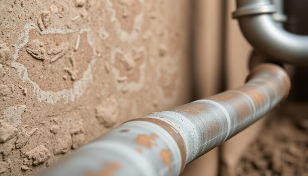 Detailed, high-resolution image of a pipe with a visible gradient, conveying the concept of poor drainage fall. The pipe is set against a muted, earthy background with subtle lighting, showcasing the gradual descent along its length. Capture the pipe's texture, material, and subtle imperfections, emphasizing the visual cue of the uneven gradient. Compose the image from a slight angle to highlight the incline, creating a sense of depth and dimension. Utilize natural, diffused lighting to cast soft shadows and highlights, enhancing the realistic appearance. The overall mood should be informative and practical, guiding the viewer's understanding of this common plumbing issue.