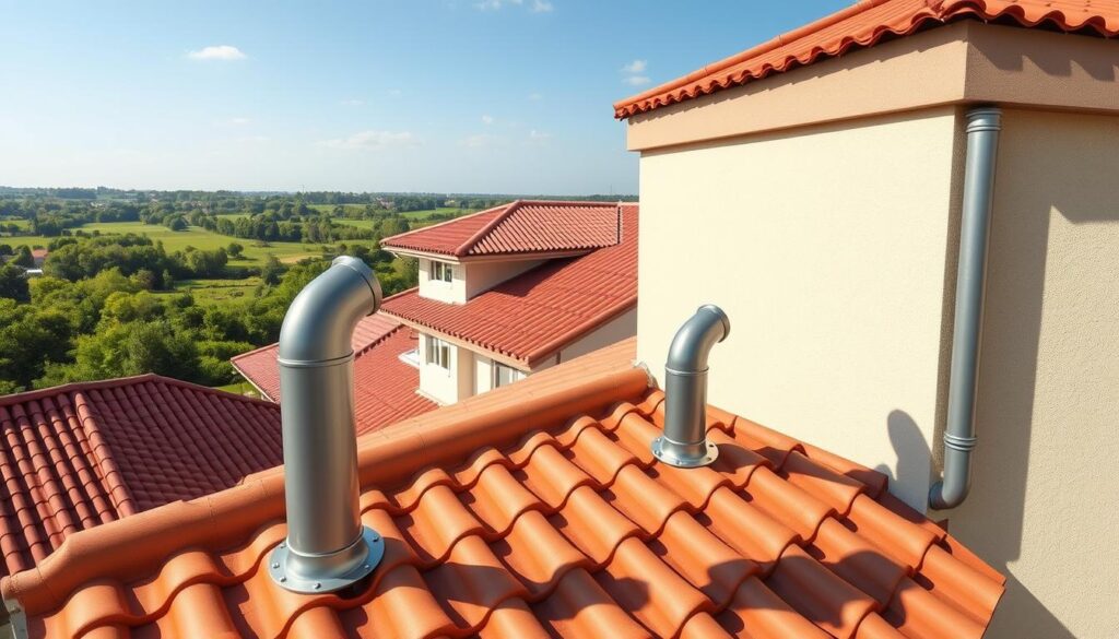 Downpipe spreaders: a high-resolution, detailed, and photorealistic illustration showcasing a pair of metal downpipe spreaders installed on a multi-level roof. The spreaders are prominently featured in the foreground, their sleek grey finish contrasting against the warm terracotta tiles of the roof. The middle ground reveals the intricate architectural details of the building, with clean lines and well-defined shadows cast by the midday sun. In the background, a lush, verdant landscape extends, providing a sense of depth and setting. The overall scene conveys a sense of functionality, durability, and seamless integration of the spreaders within the building's design.